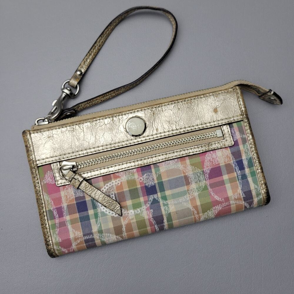 Coach Daisy Madras Pastel Plaid Y2K Vintage Wristlet Gold Metallic Sequin Bag